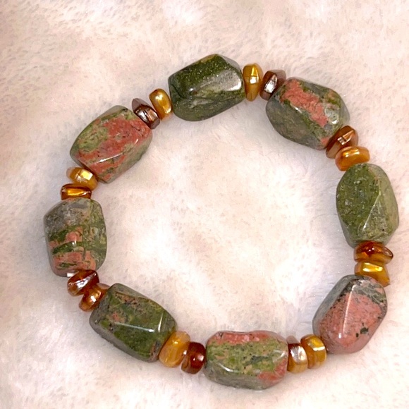 NWOT 💚🩷 LEE SANDS? VTG QVC BEADED STRETCH BRACELET w/GREEN & PINK JASPER STONES - Picture 2 of 5